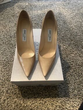 Jimmy Choo Beige Patent Leather Pointed-Toe Pumps